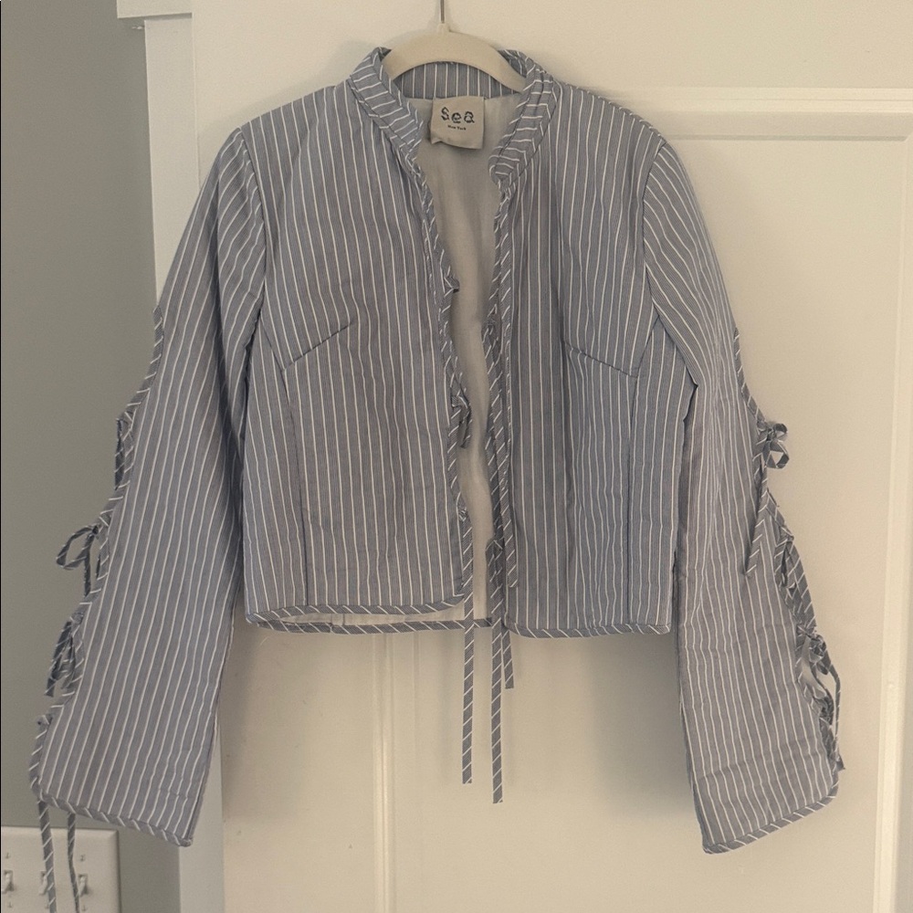 Sea New York Women's Blue and White Striped Quilted Jacket Sz 6